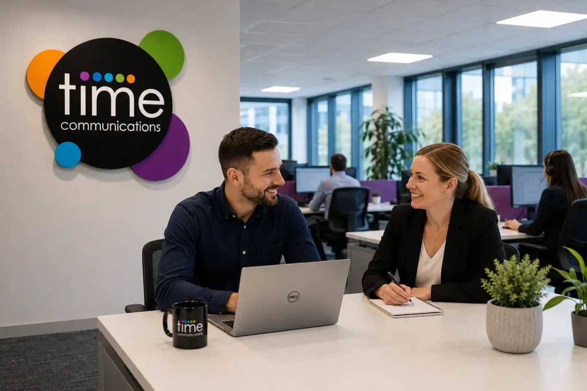 A man and a woman sitting at a white office desk with a laptop and a Time Communications mug, discussing their phone system.