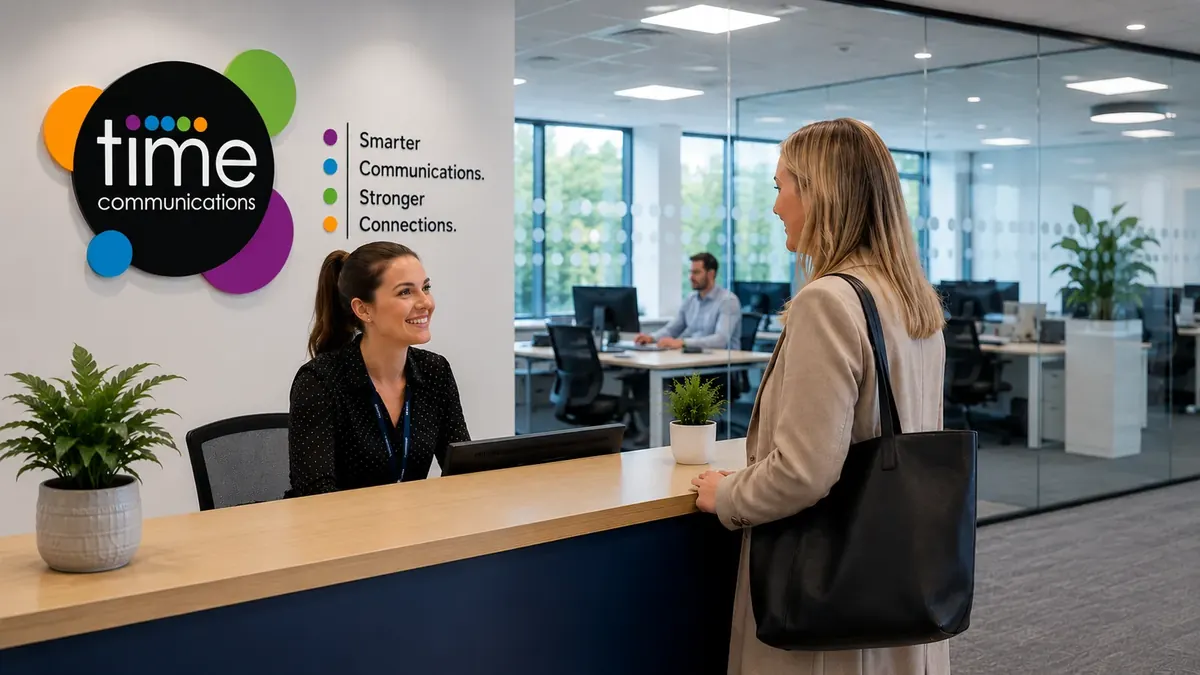A receptionist at a bright Time Communications office reception desk speaking with a visitor, with the company logo and strapline on the wall behind.