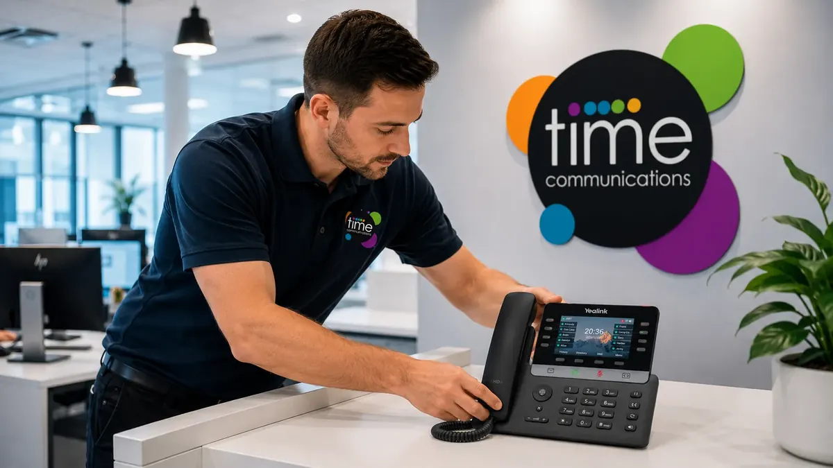 A Time Communications engineer in a navy polo shirt setting up a black Yealink VoIP desk phone on a white counter.